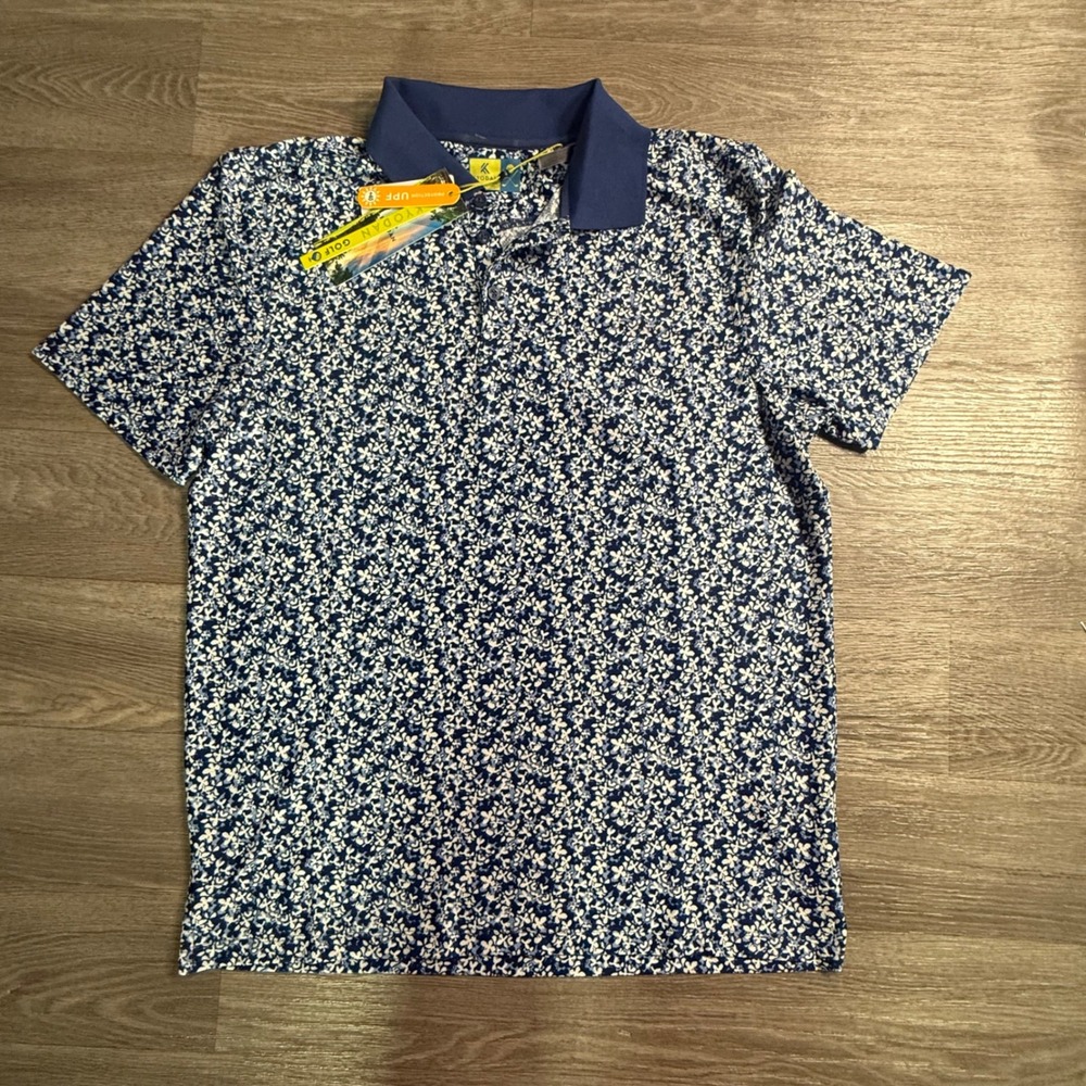 Kyodan Golf Mens Blue Floral Performance Polo Shirt UPF 40 Moisture Wicking M
